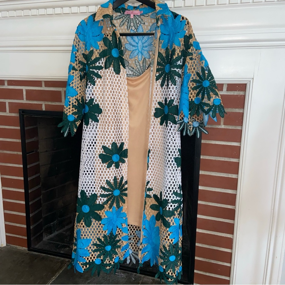 Eva Franco Blue and Green Floral crochet Duster  Beige Slip Dress Anthropologie